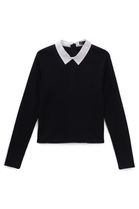 GIRLS’ BLACK RIBBED SHIRT COLLAR T-SHIRT 1