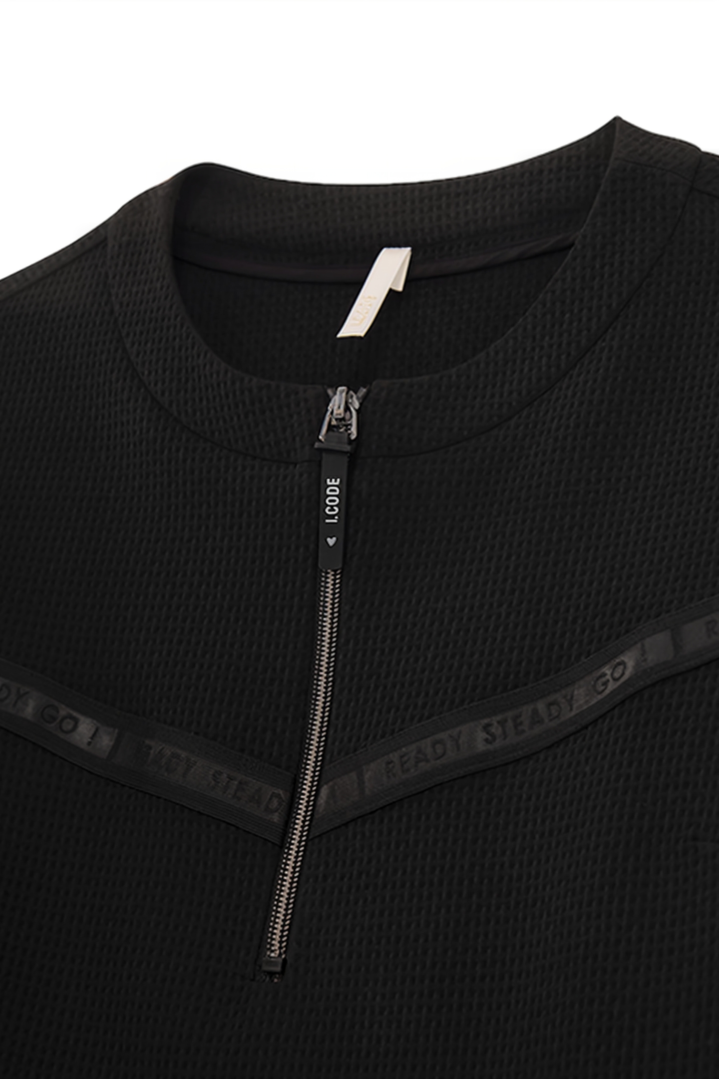 BLACK WAFFLE-KNIT BLOUSE WITH LETTER BAND 7