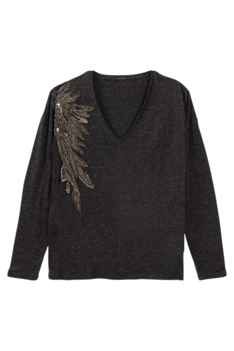 GREY MARL LUREX T-SHIRT WITH FEATHER EMBROIDERY GREY 1
