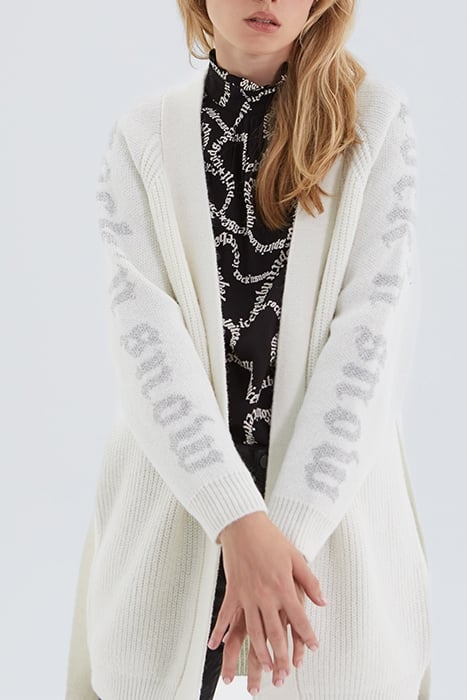 ECRU KNIT BELTED CARDIGAN WITH SLOGANS ON SLEEVES IVORY 5