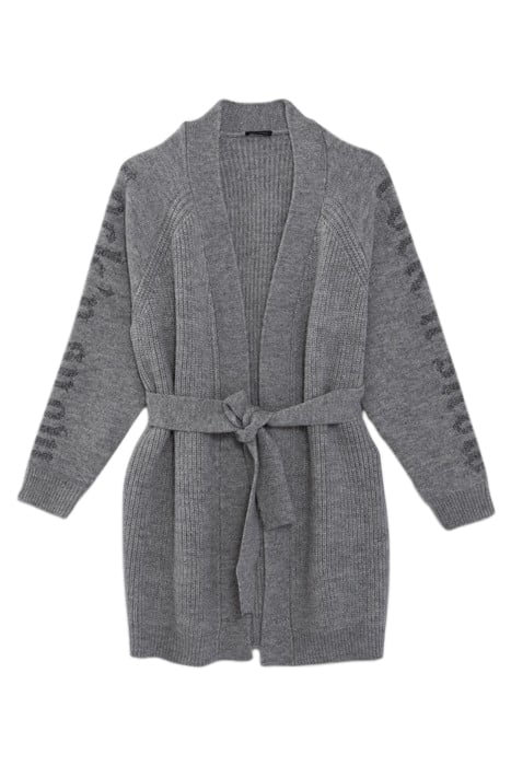 GREY KNIT BELTED CARDIGAN WITH SLOGANS ON SLEEVES GREY 3