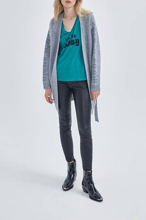 GREY KNIT BELTED CARDIGAN WITH SLOGANS ON SLEEVES GREY 2
