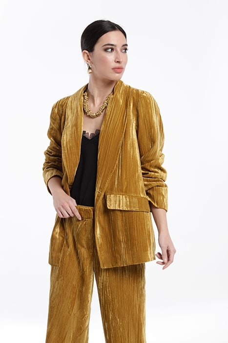 CRUSHED VELVET TUXEDO NECK JACKET MUSTARD 1