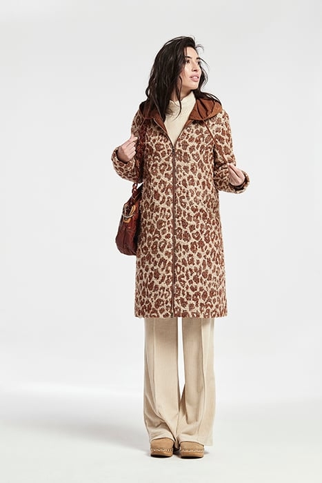 BICOLOR JACQUARD ZIPPER GUREN COAT WITH HOOD BROWN 1
