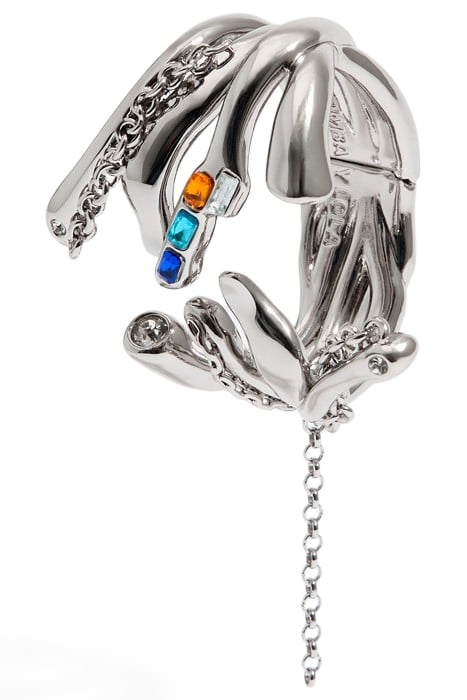 HINGED SILVER-TONE BRACELET WITH TEXTURE, CHAINS AND CRYSTAL 3