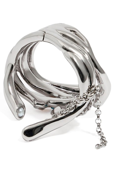 HINGED SILVER-TONE BRACELET WITH TEXTURE, CHAINS AND CRYSTAL 2