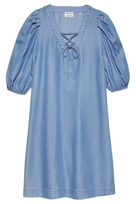 PUFF SLEEVE V NECK DRESS BLUE 4