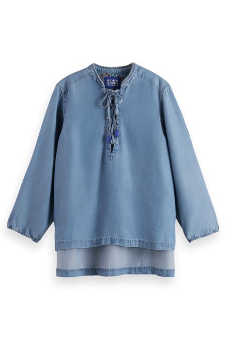 LACE UP DENIM WASHED INDIGO TENCEL SHIRT INDIGO 4