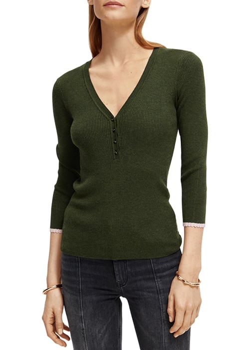 BUTTON DETAIL SKINNY RIB PULLOVER FIELD GREEN MELANGE 1