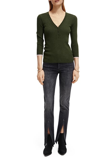 BUTTON DETAIL SKINNY RIB PULLOVER FIELD GREEN MELANGE 3