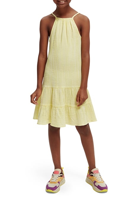 GIRLS CRINKLE COTTON A-LINE DRESS YELLOW WHITE STRIPE 1