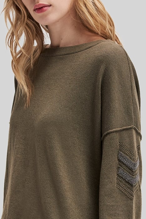 KHAKI HERRINGBONE BOAT-NECK JUMPER WITH JEWELS AND STITCHES 4