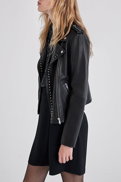 BLACK WOVEN LEATHER BIKER-STYLE JACKET WITH BEADS 6