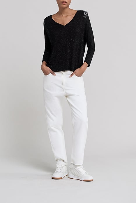 BLACK V NECK VISCOSE T-SHIRT WITH RHINESTONES 3