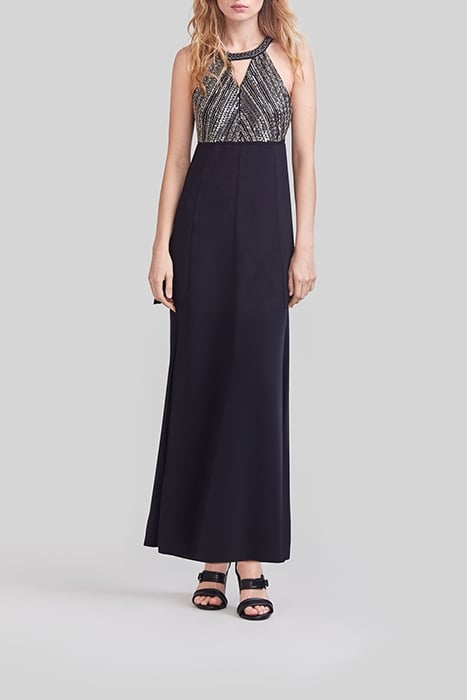 BLACK LONG DRESS, METALLIC BEAD-EMBROIDERED DICKEY 1