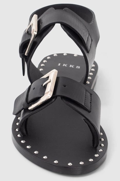 BLACK LEATHER SANDALS, STUDDED WELT, DOUBLE STRAP 5