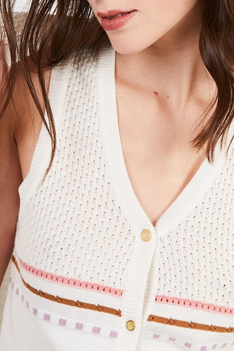 ECRU STRIPED FINE KNIT SLEEVELESS CARDIGAN 6