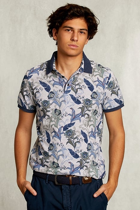 CUSTOM FIT COTTON FLORAL POLO DARK OYSTER MIX GREY 1