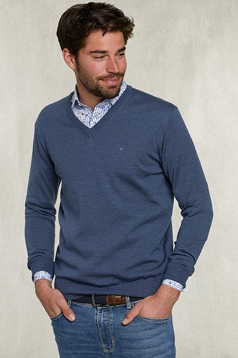 BASIC MERINO V-NECK PULLOVER STEEL MIX BLUE 1