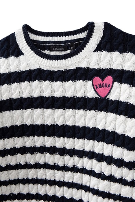 GIRLS' ECRU CABLE KNIT SWEATER WITH NAVY STRIPES 3