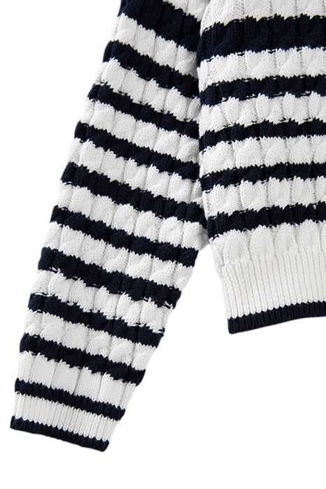 GIRLS' ECRU CABLE KNIT SWEATER WITH NAVY STRIPES 5