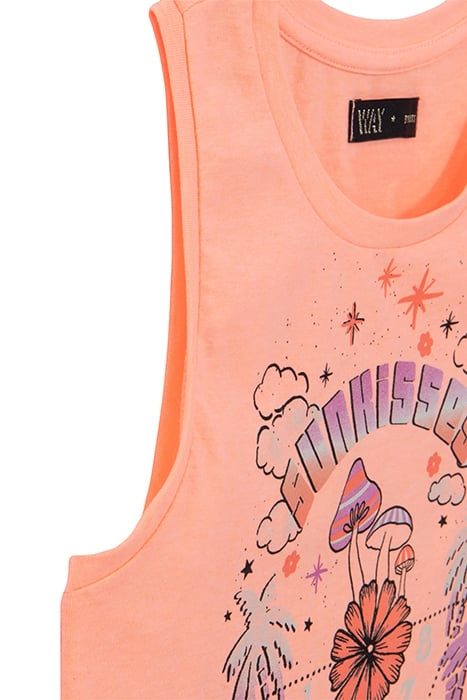 GIRLS’ NEON ORANGE VEST TOP, MUSHROOMS & PALM TREES IMAGES 4