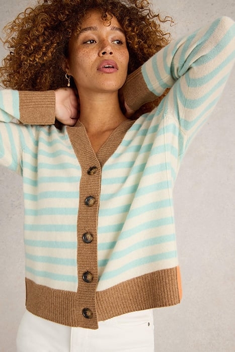 V NECK CASHMERE STRIPE CARDI NATURAL MULTI 4