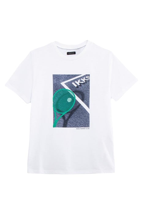 BOYS’ WHITE ORGANIC COTTON T-SHIRT, FLOCKED TENNIS RACKET 1