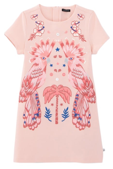 GIRLS’ PINK DRESS, WITH PARROTS, MIRRORS, NEON THREADS 1