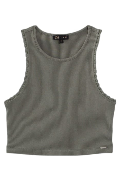 GIRLS’ KHAKI VEST TOP WITH LACE ON ARMHOLES 1