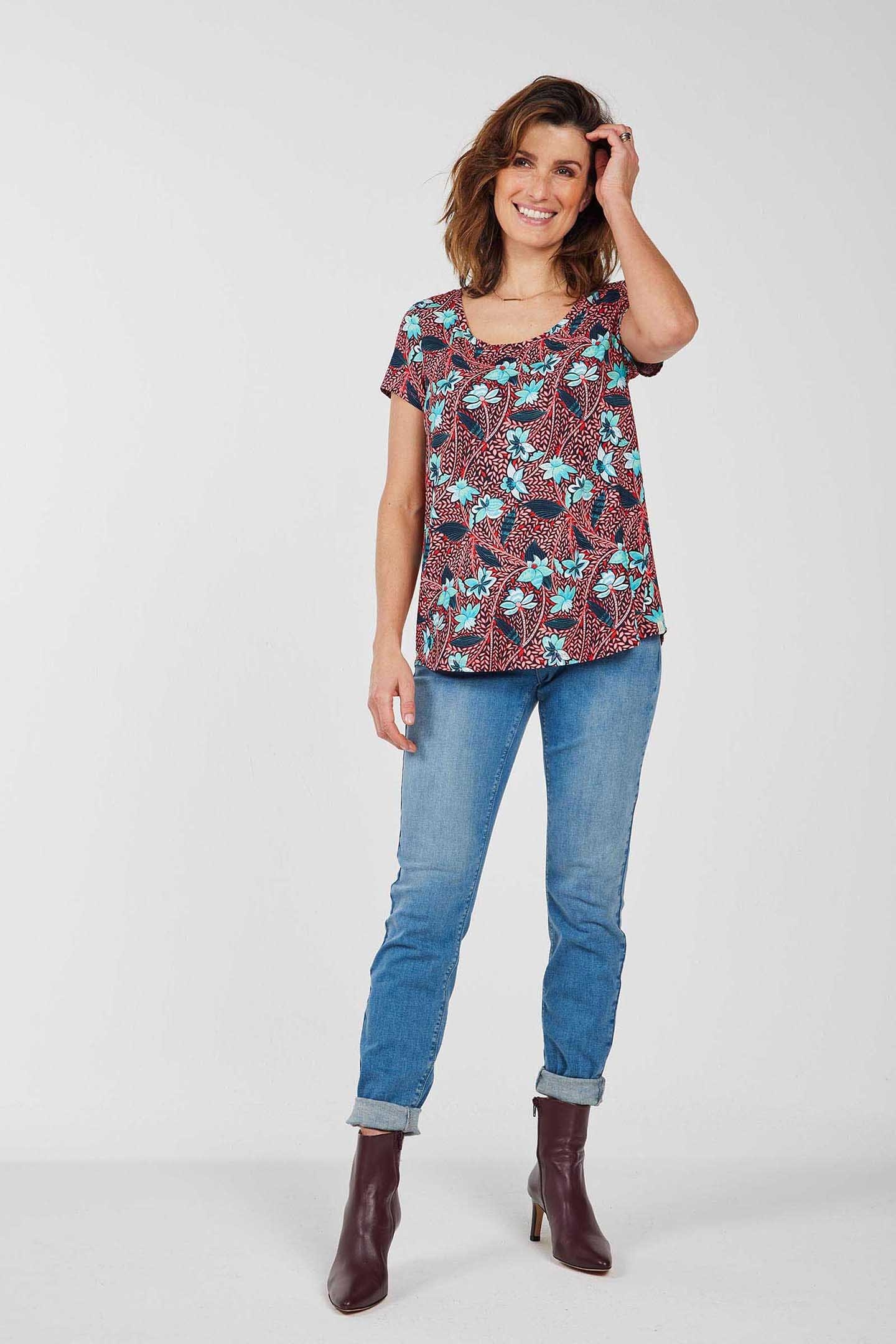 LOOSE TEE CREW SWEET PRINT POPPY RED WITH LOTS OF LEAVES PRI 2