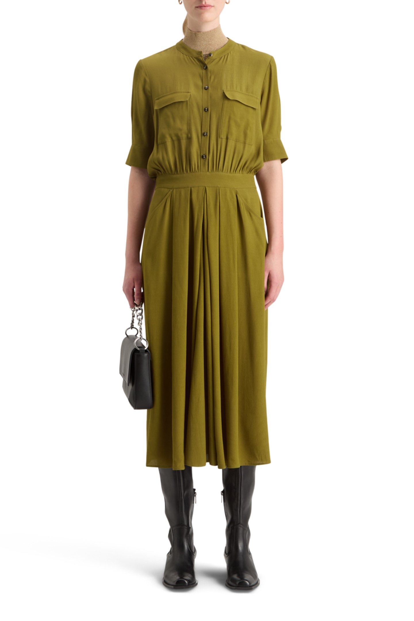 CREPE MIDI DRESS WITH CHEST POCKETS OLIVE 5