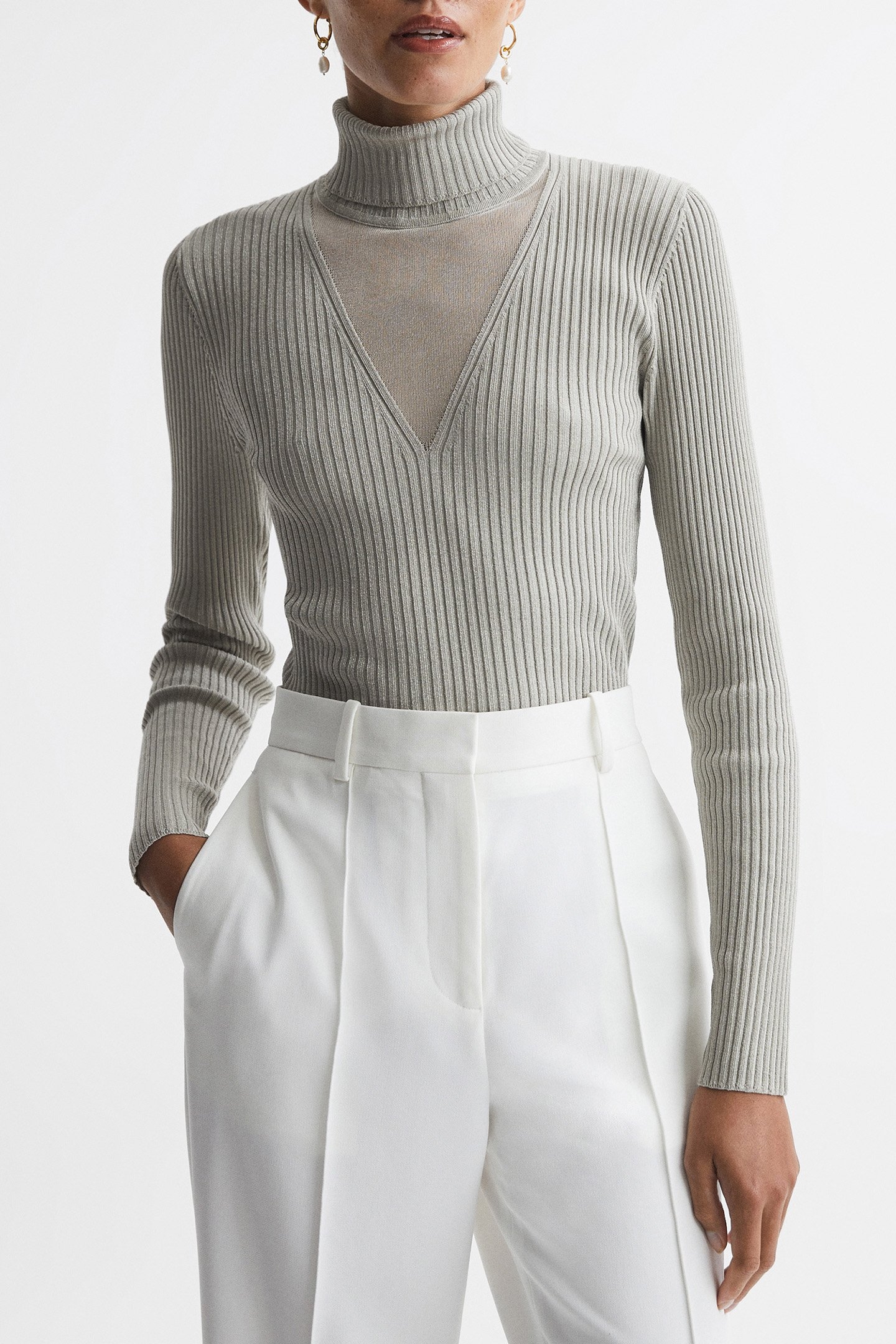 METALLIC MESH PANEL ROLL NECK SILVER 1