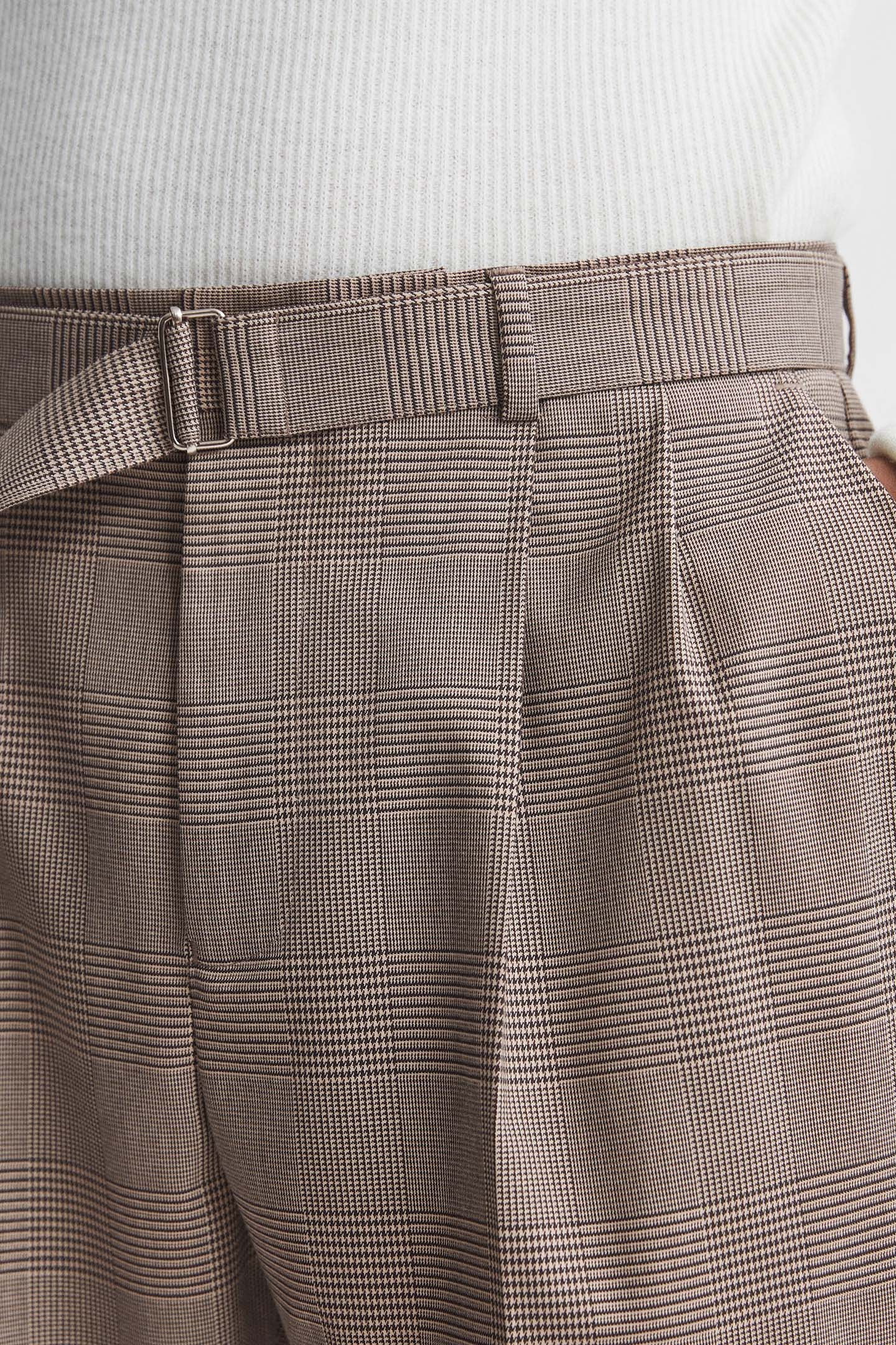 PRICE OF WALES CHECK SELF TIE BELTED TROUSER BROWN 5