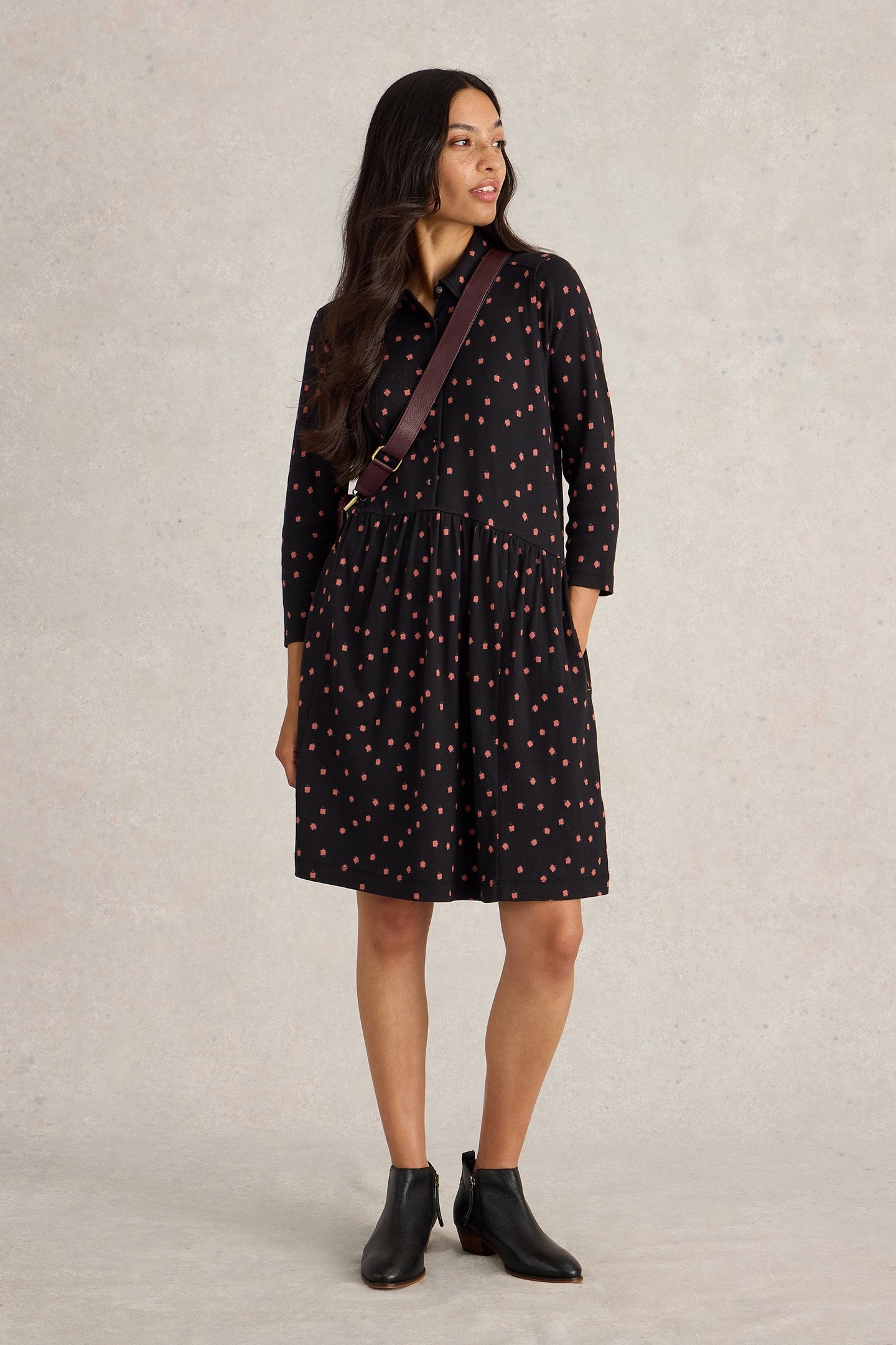 EVERLY JERSEY RIB SHIRT DRESS BLACK PRINT 1