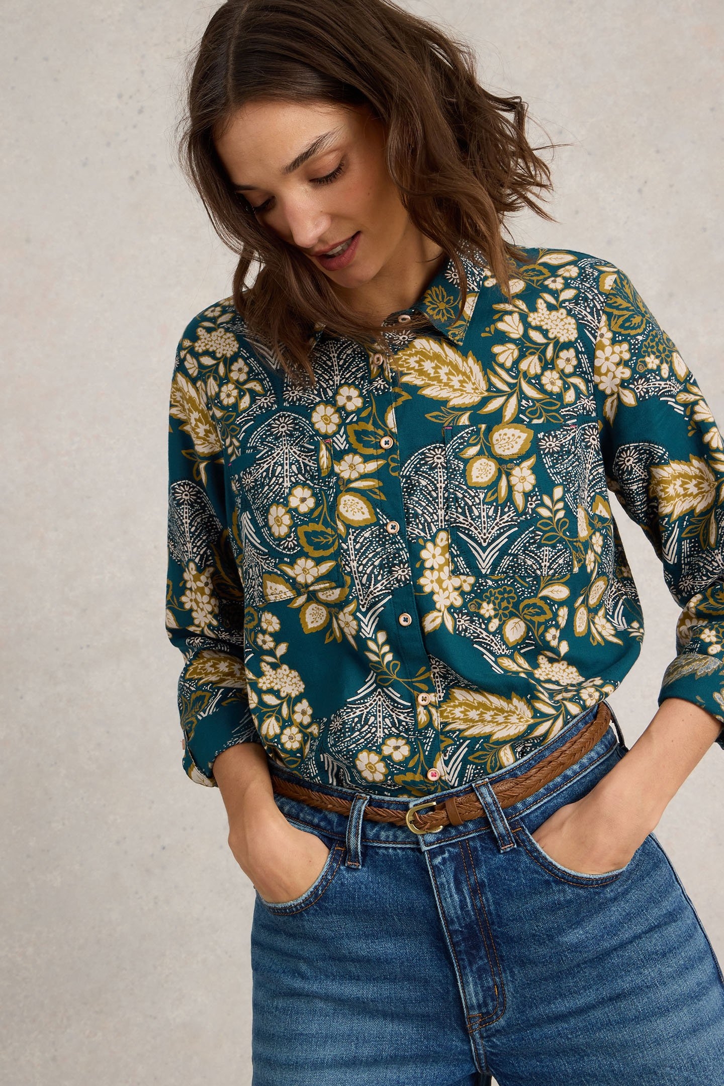 SOPHIE ORGANIC COTTON SHIRT TEAL PRINT 3