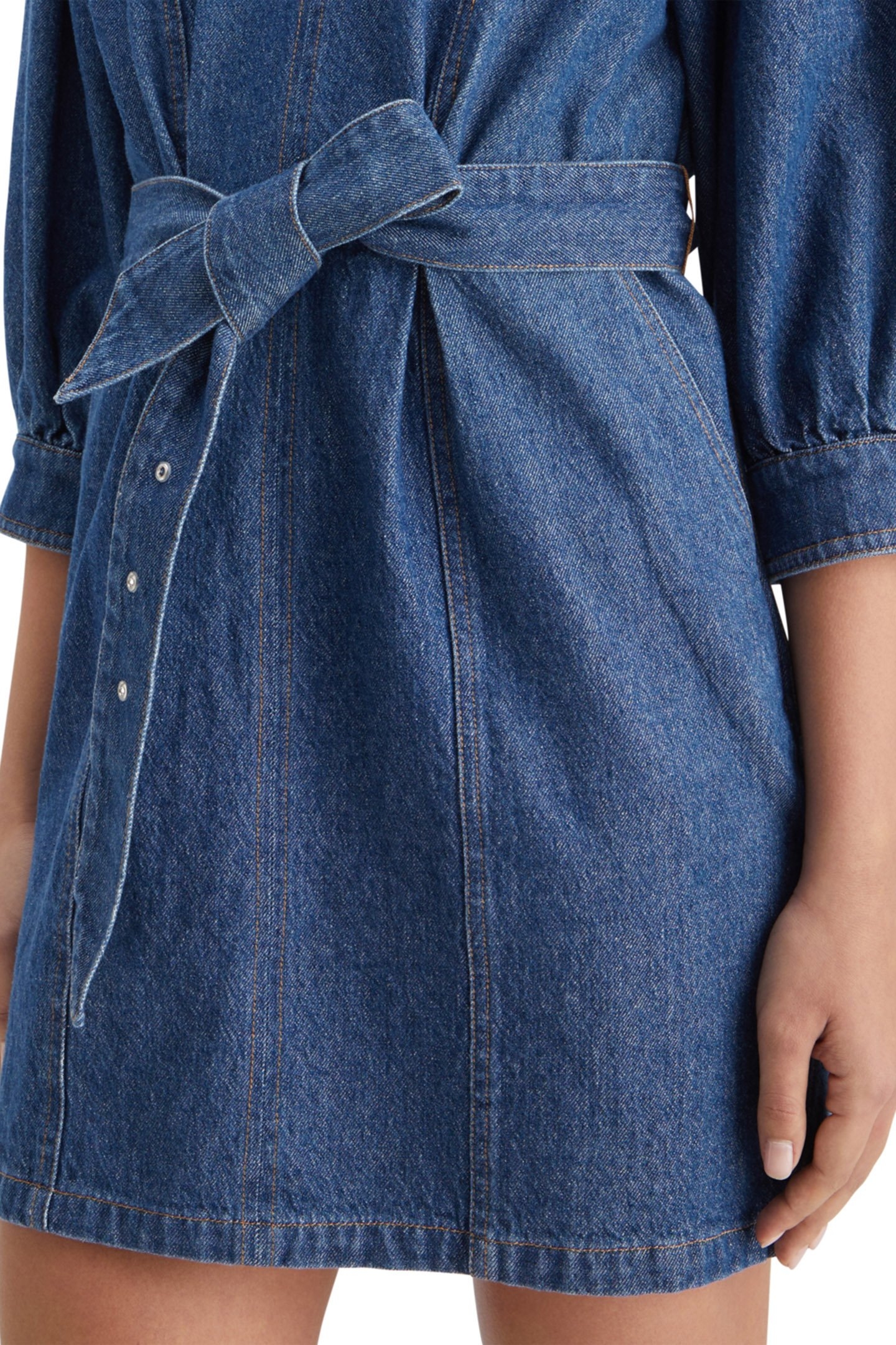 BELTED V - NECK WASHED DENIM DRESS WASHED INDIGO 6