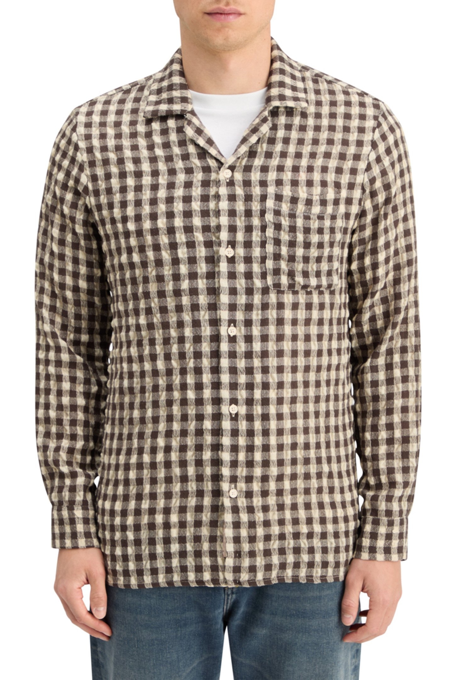 SEERSUCKER WOOL BLEND CHECK SHIRT BROWN CHECK 1