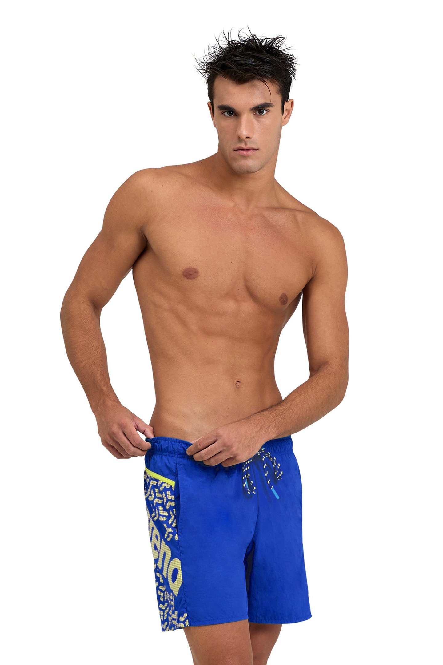 MEN'S ARENA PRO_FILE BEACH BOXER LOGO NEON BLUE-SOFT GREEN 1