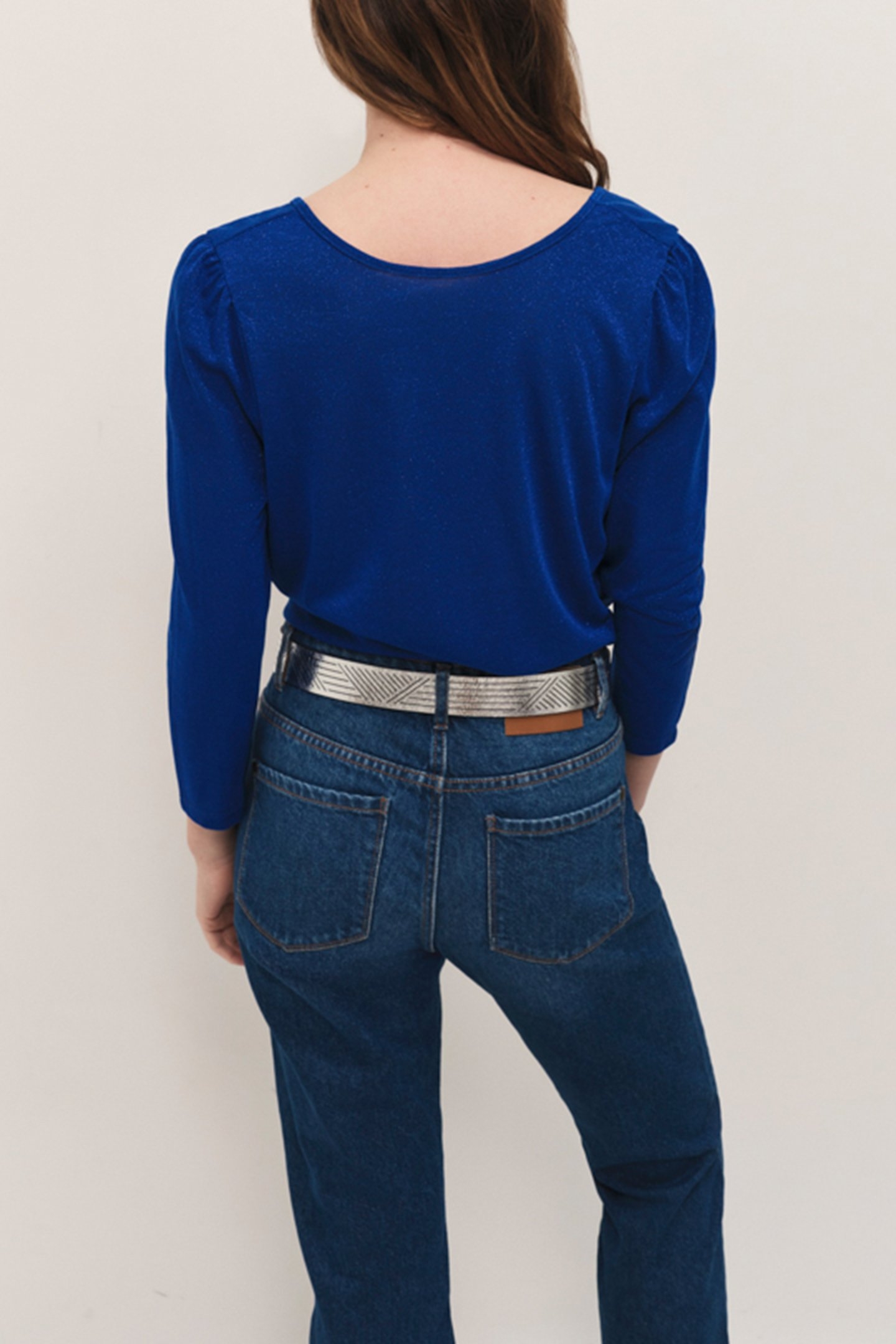 MEIJI - SAPPHIRE BLUE GLITTER T-SHIRT WITH BACK BUTTON DECOR 2