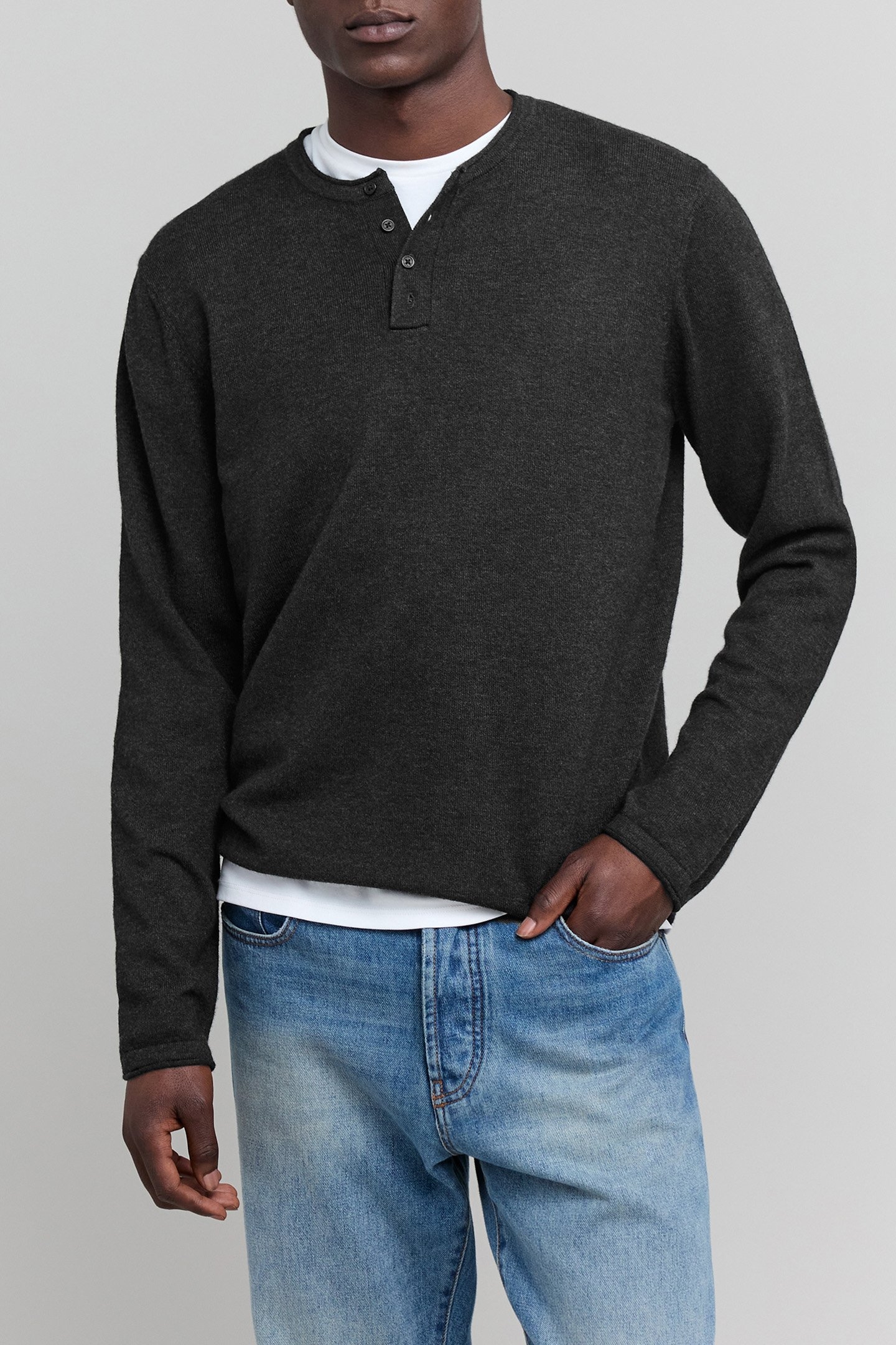 CHARCOAL KNIT BUTTON-NECK SWEATER WITH ROLLED EDGES 1