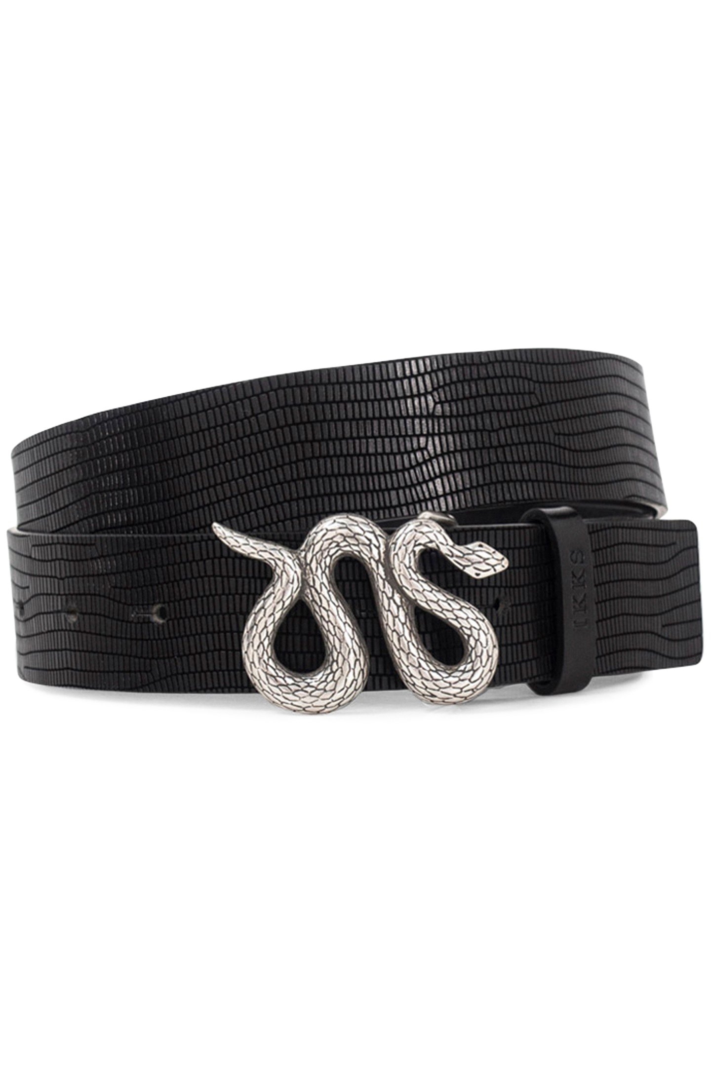 WOMEN’S BLACK EMBOSSED LEATHER BELT WITH SNAKE BUCKLE 1