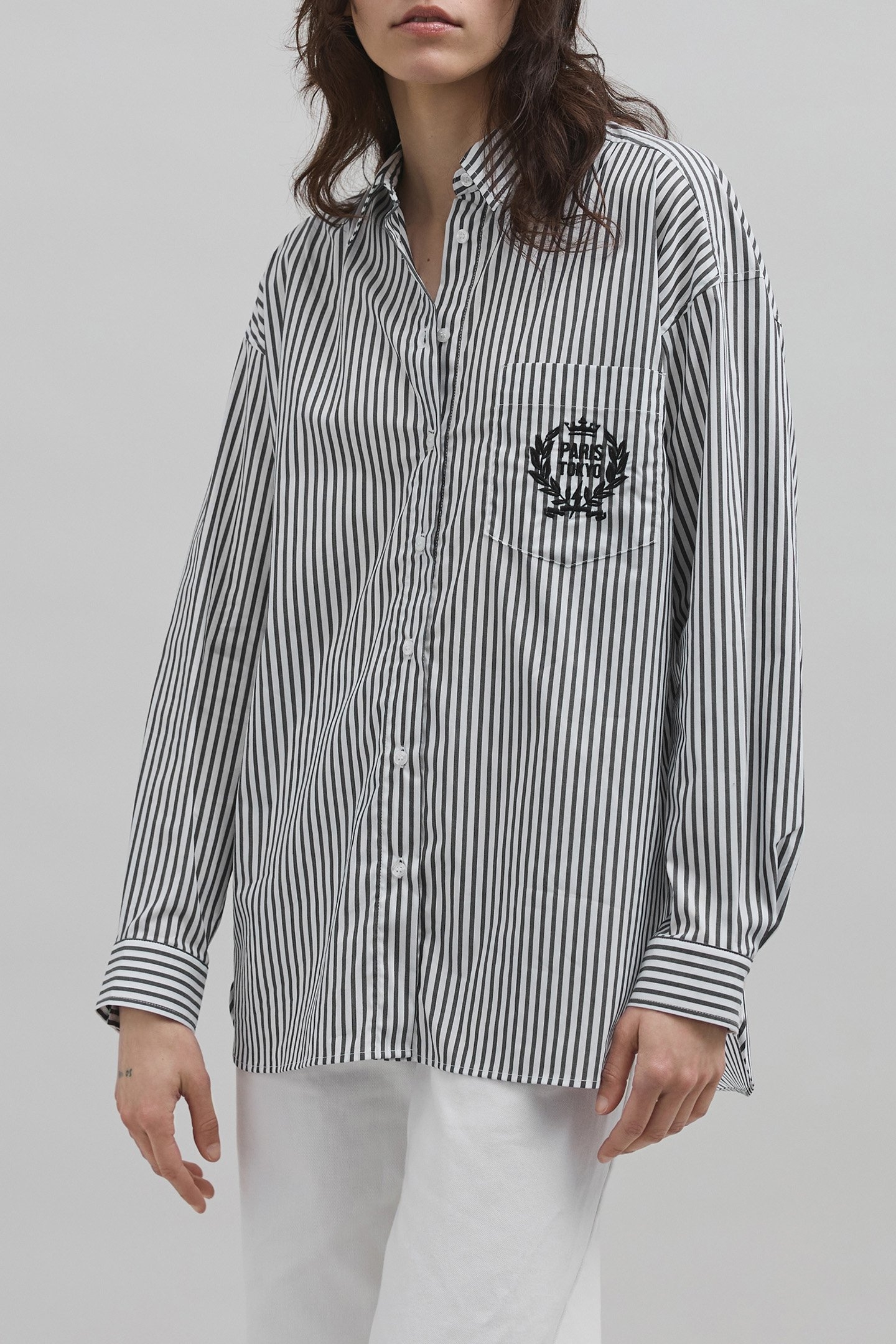 OVERSIZED BLACK SHIRT WITH STRIPES AND EMBROIDERY 1