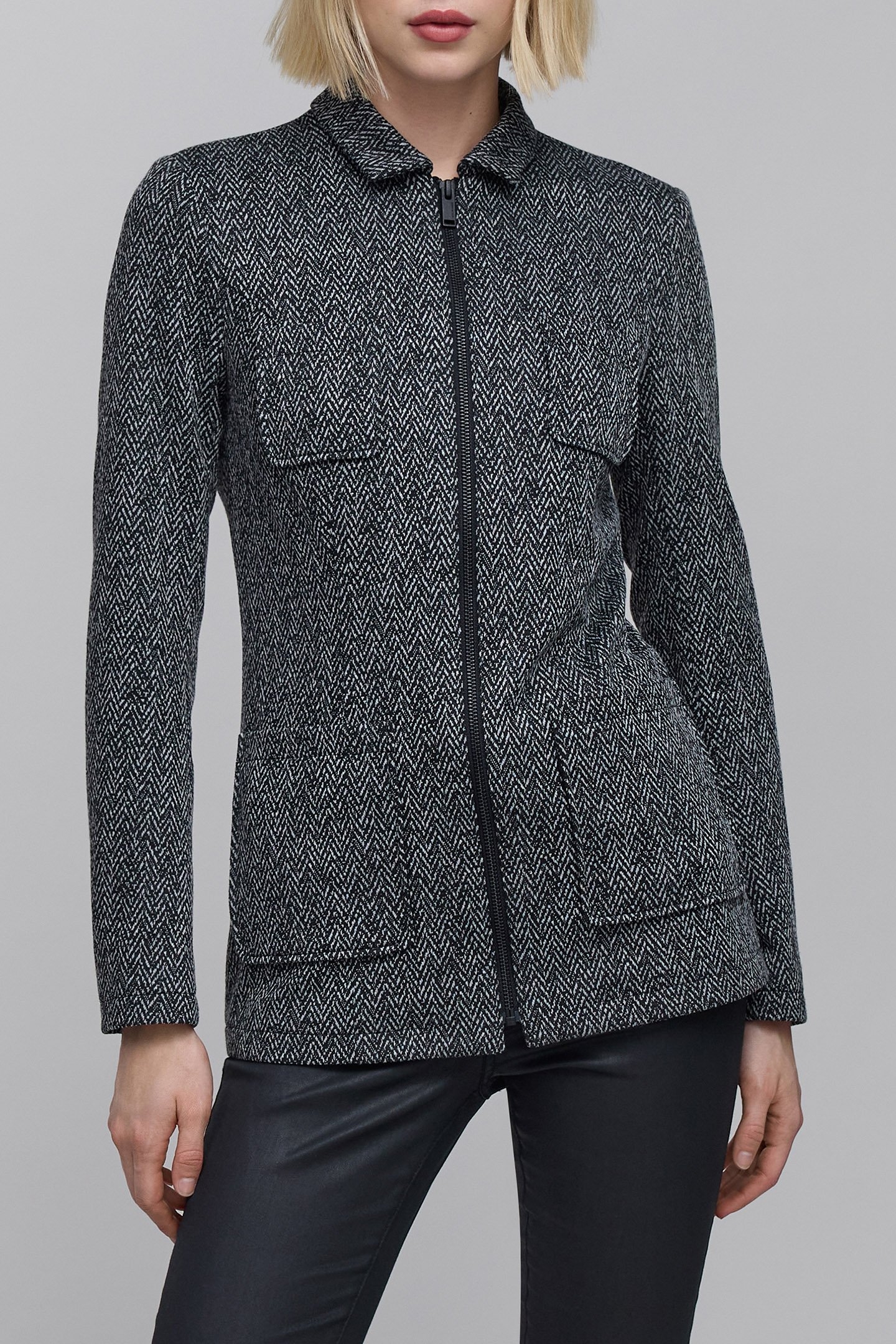 GREY HERRINGBONE-KNIT ZIP-UP JACKET 1