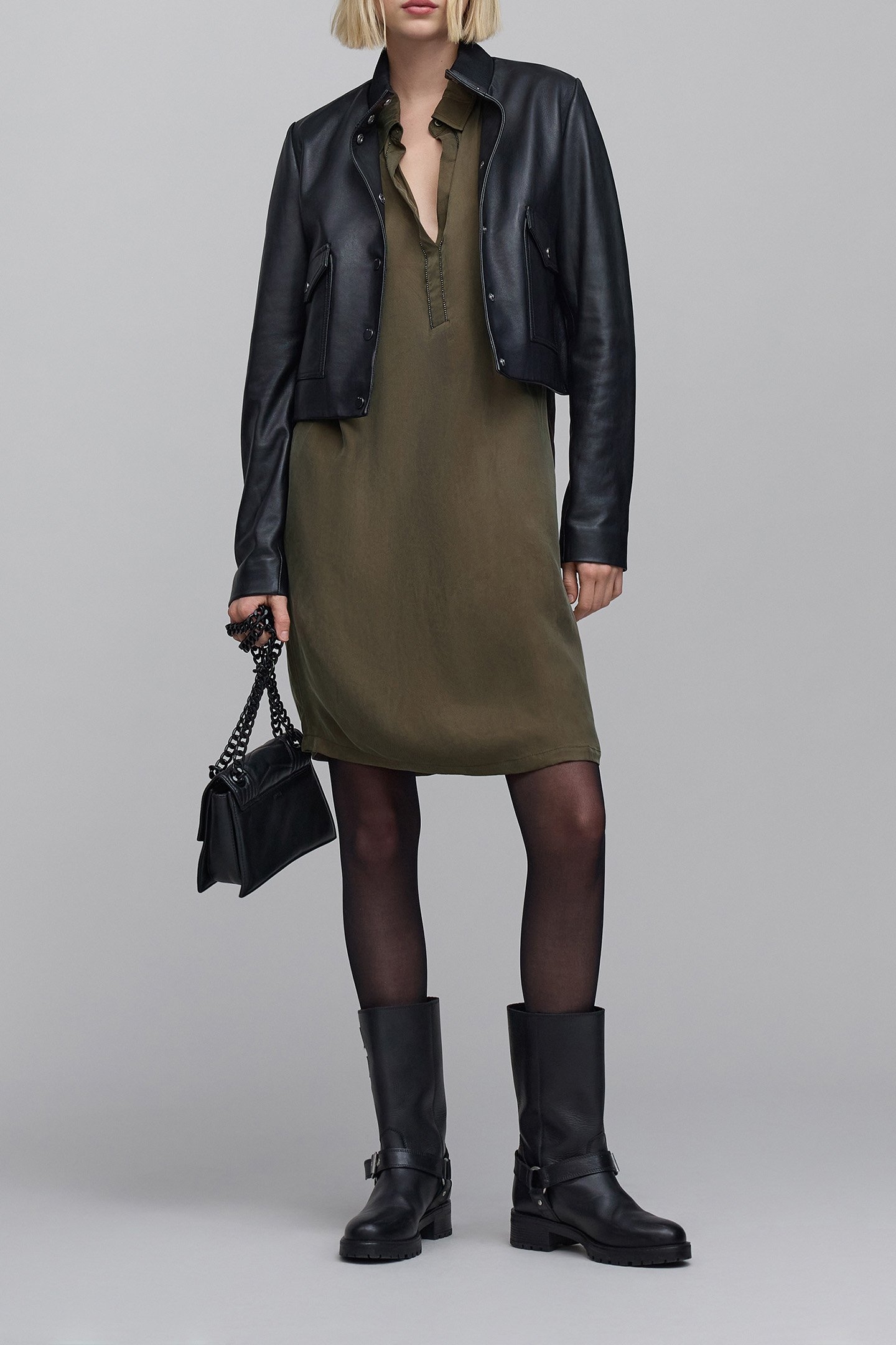 KHAKI MIDI SHIRT DRESS WITH JEWELS 4