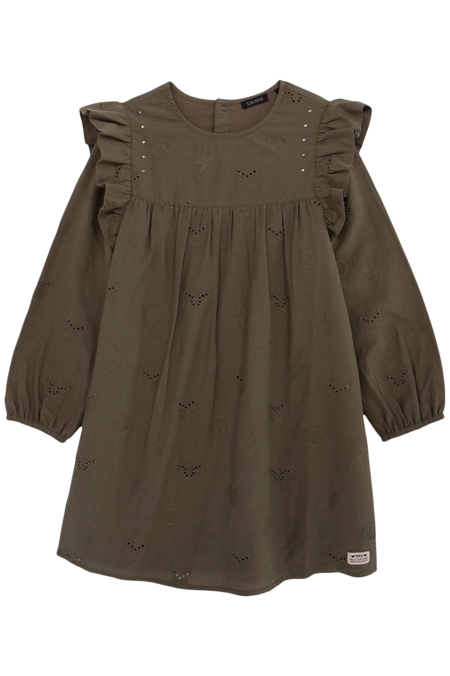 KHAKI DRESS, EMBROIDERY ANGLAISE, ARMY MOTIFS, GIRL 1
