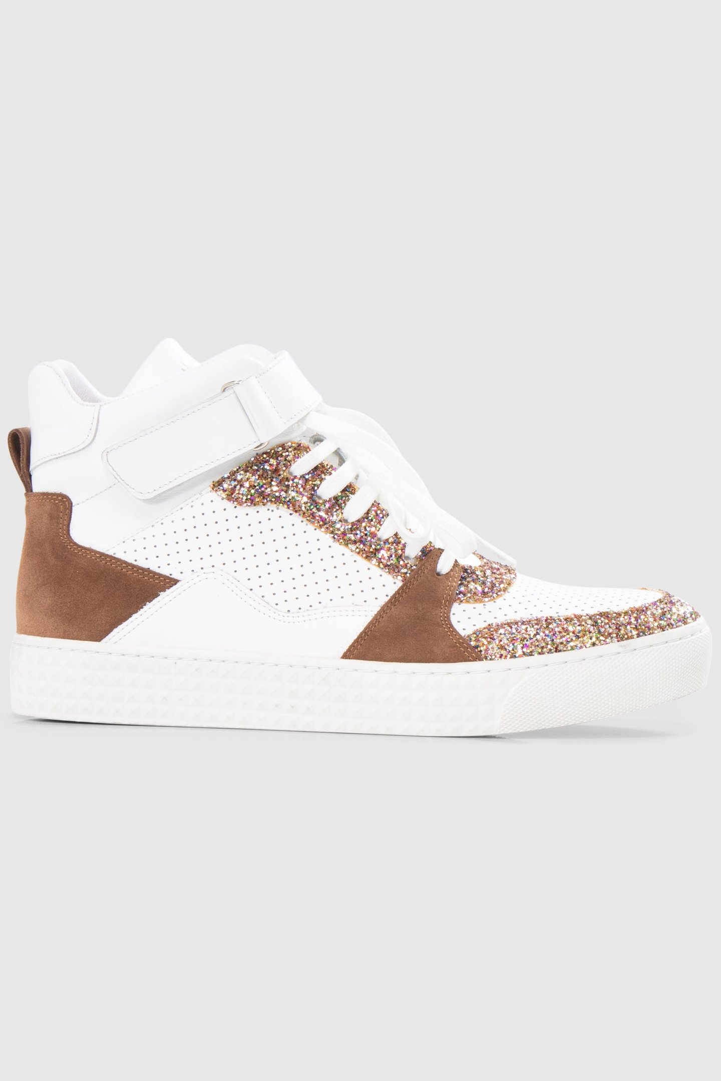 HIGH-TOP BROWN AND WHITE SEQUINED SNEAKERS 1
