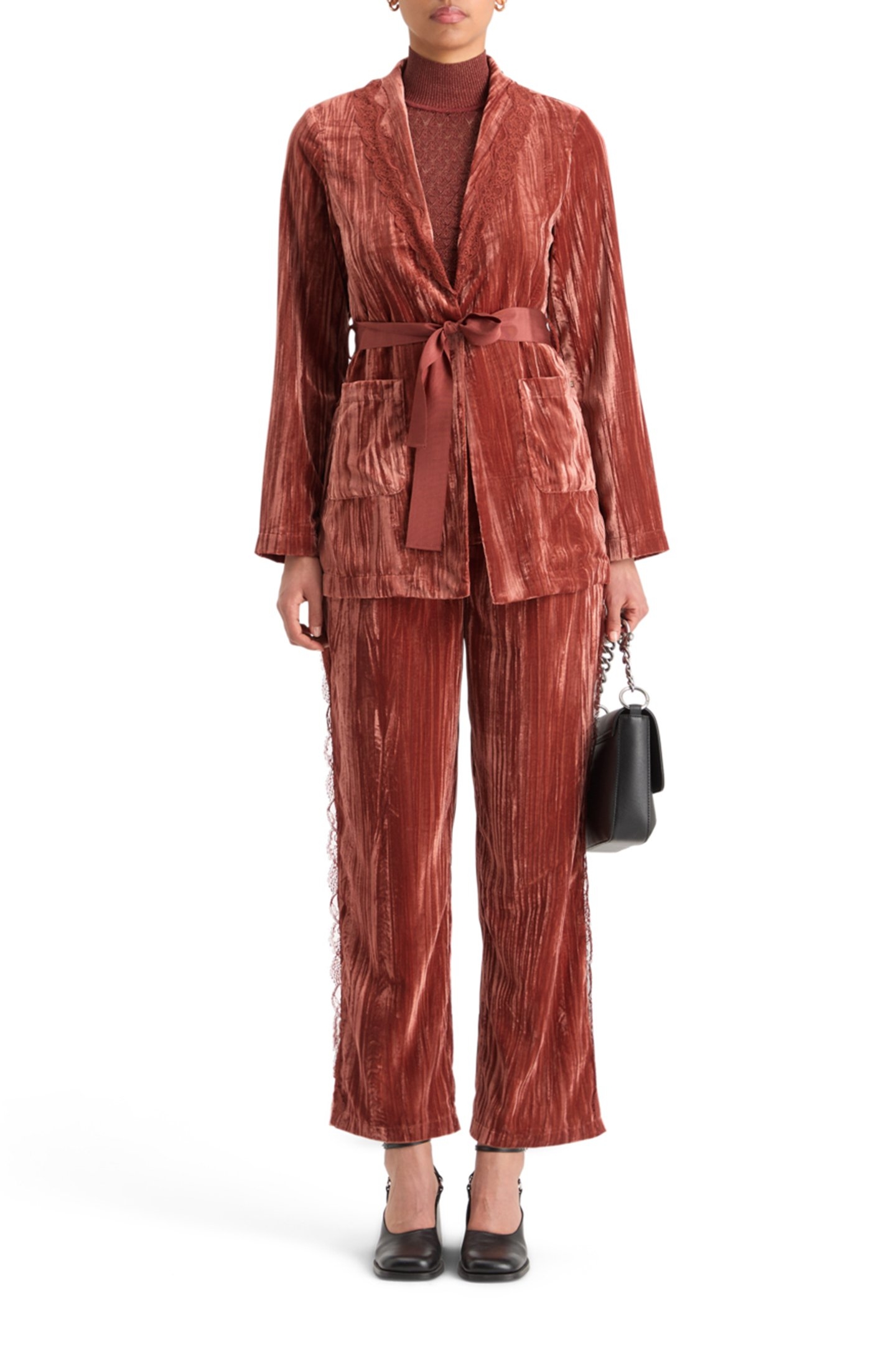 LACE TRIMMED VELVET PANT RUST 7
