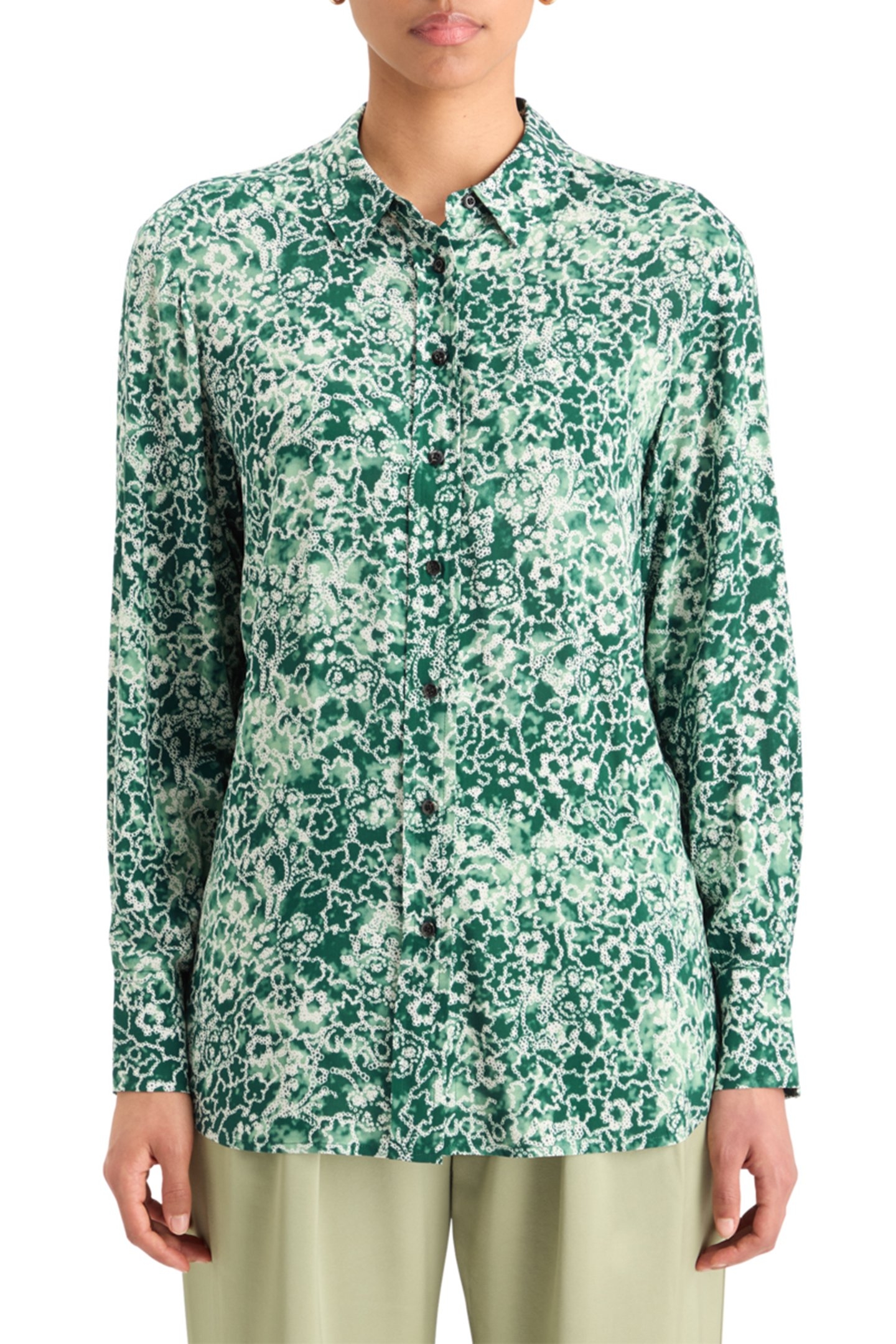 VISCOSE PRINTED RELAXED FIT SHIRT SHIBORI FLORAL GREEN 1