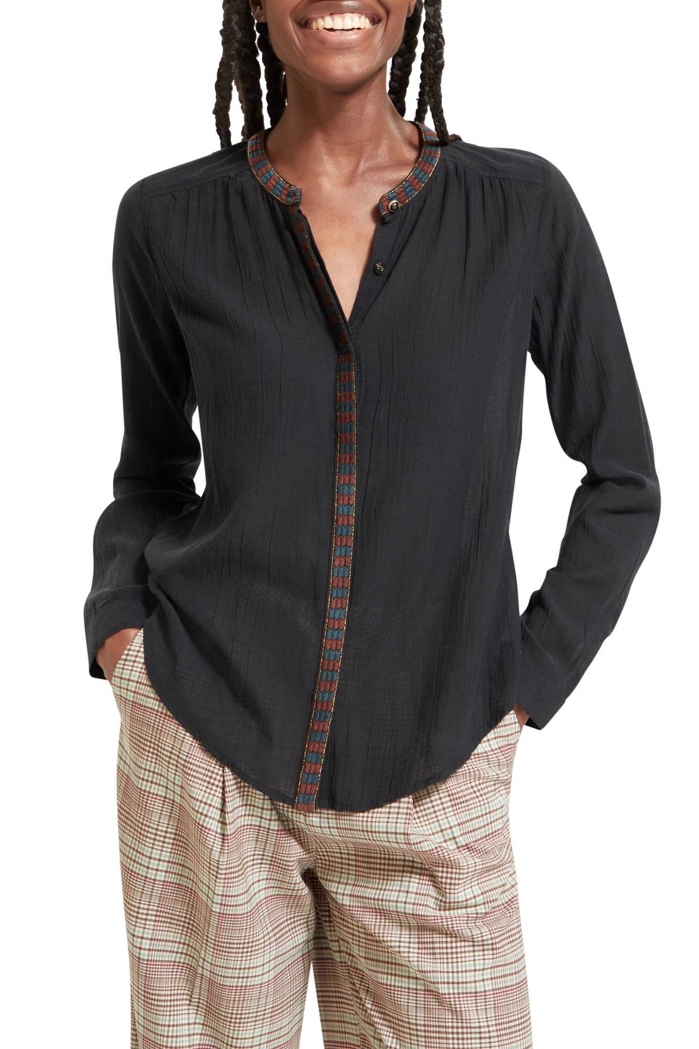 COLLARLESS SHIRT WITH A NECK AND PLACKET TRIM EVENING BLACK 1